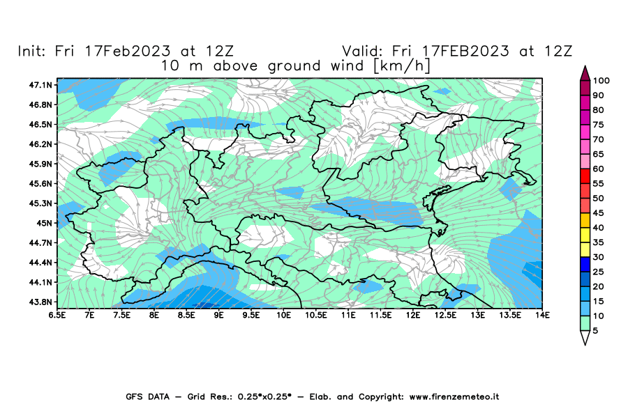 Mappa di analisi GFS - Velocità del vento a 10 metri dal suolo [km/h] in Nord-Italia
							del 17/02/2023 12 <!--googleoff: index-->UTC<!--googleon: index-->