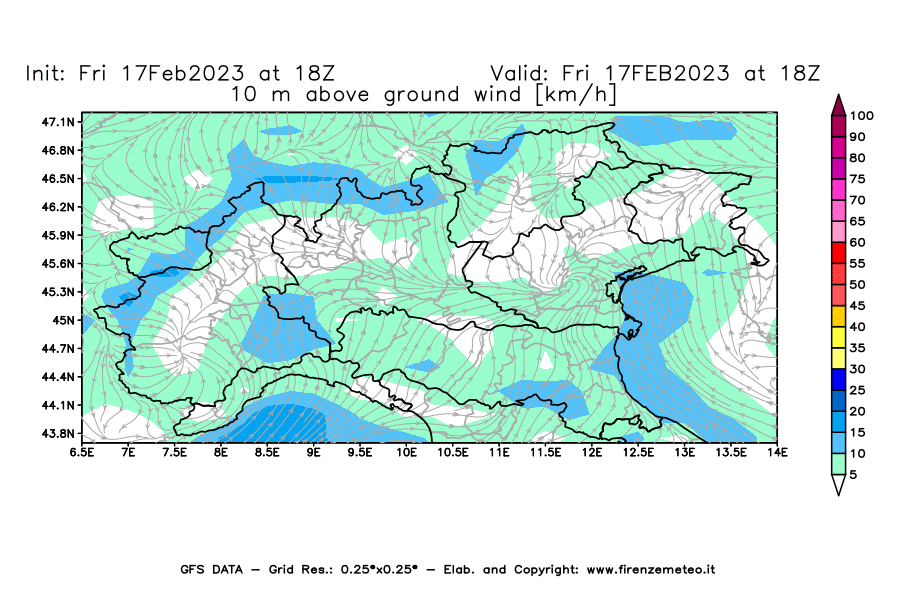Mappa di analisi GFS - Velocità del vento a 10 metri dal suolo [km/h] in Nord-Italia
							del 17/02/2023 18 <!--googleoff: index-->UTC<!--googleon: index-->