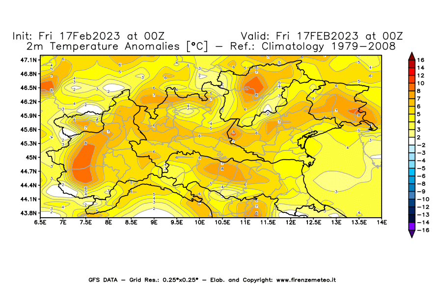 Mappa di analisi GFS - Anomalia Temperatura [°C] a 2 m in Nord-Italia
							del 17/02/2023 00 <!--googleoff: index-->UTC<!--googleon: index-->