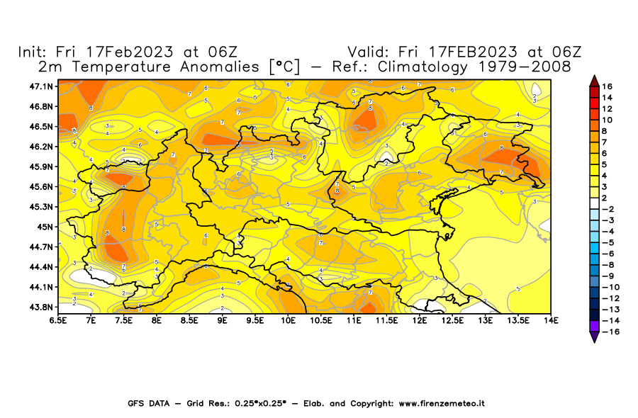 Mappa di analisi GFS - Anomalia Temperatura [°C] a 2 m in Nord-Italia
							del 17/02/2023 06 <!--googleoff: index-->UTC<!--googleon: index-->