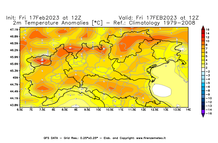 Mappa di analisi GFS - Anomalia Temperatura [°C] a 2 m in Nord-Italia
							del 17/02/2023 12 <!--googleoff: index-->UTC<!--googleon: index-->