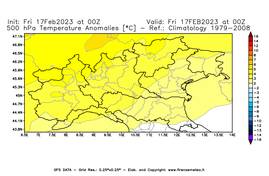 Mappa di analisi GFS - Anomalia Temperatura [°C] a 500 hPa in Nord-Italia
							del 17/02/2023 00 <!--googleoff: index-->UTC<!--googleon: index-->
