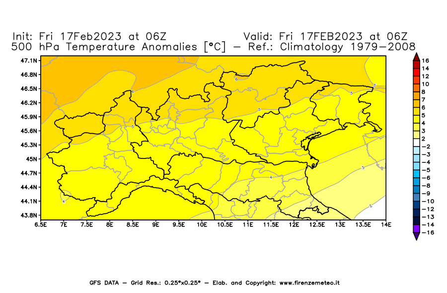 Mappa di analisi GFS - Anomalia Temperatura [°C] a 500 hPa in Nord-Italia
							del 17/02/2023 06 <!--googleoff: index-->UTC<!--googleon: index-->