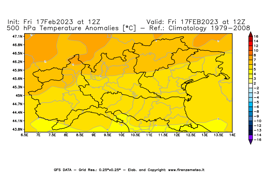 Mappa di analisi GFS - Anomalia Temperatura [°C] a 500 hPa in Nord-Italia
							del 17/02/2023 12 <!--googleoff: index-->UTC<!--googleon: index-->
