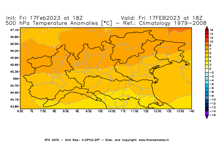 Mappa di analisi GFS - Anomalia Temperatura [°C] a 500 hPa in Nord-Italia
							del 17/02/2023 18 <!--googleoff: index-->UTC<!--googleon: index-->