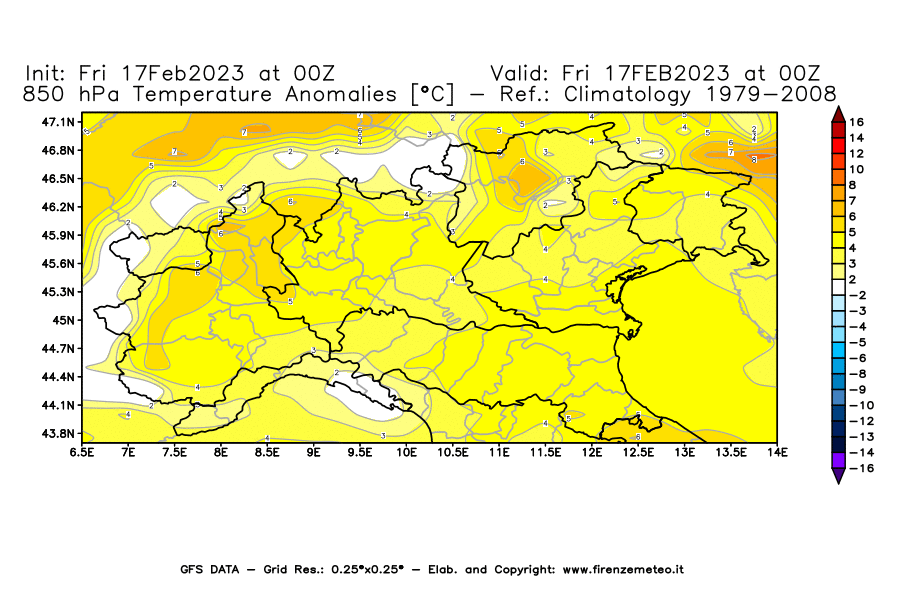 Mappa di analisi GFS - Anomalia Temperatura [°C] a 850 hPa in Nord-Italia
							del 17/02/2023 00 <!--googleoff: index-->UTC<!--googleon: index-->