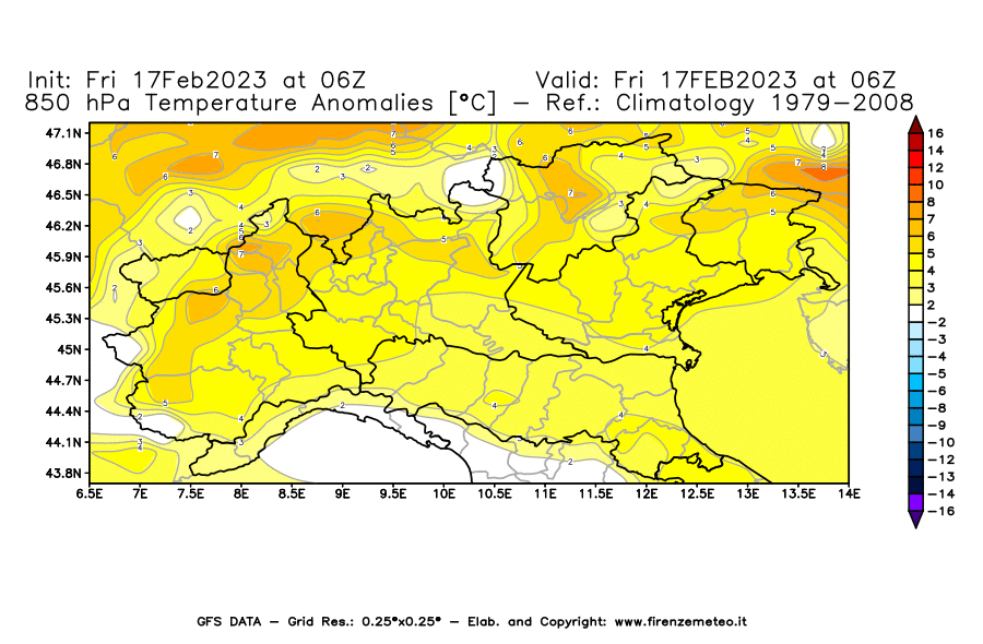 Mappa di analisi GFS - Anomalia Temperatura [°C] a 850 hPa in Nord-Italia
							del 17/02/2023 06 <!--googleoff: index-->UTC<!--googleon: index-->
