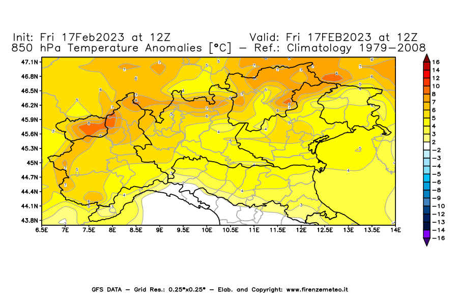 Mappa di analisi GFS - Anomalia Temperatura [°C] a 850 hPa in Nord-Italia
							del 17/02/2023 12 <!--googleoff: index-->UTC<!--googleon: index-->