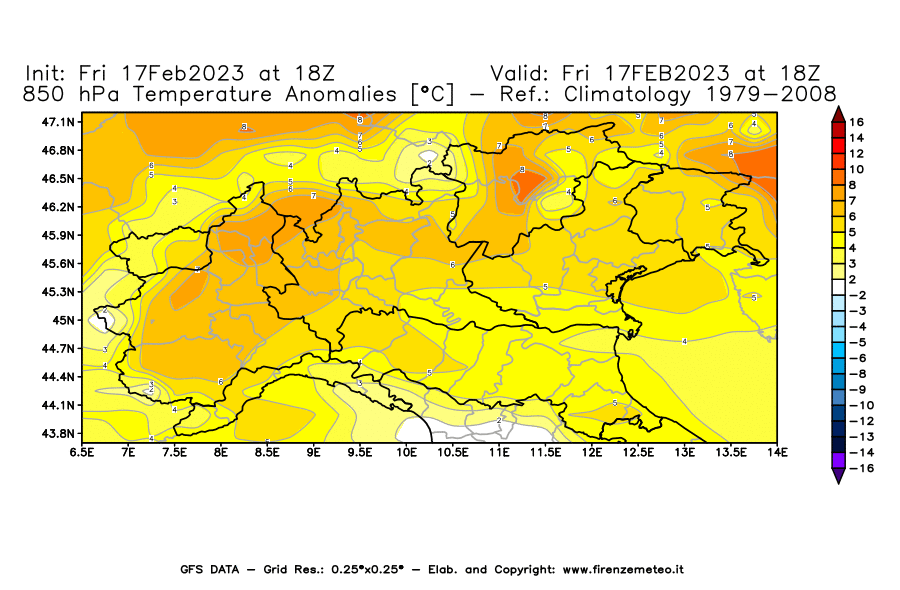 Mappa di analisi GFS - Anomalia Temperatura [°C] a 850 hPa in Nord-Italia
							del 17/02/2023 18 <!--googleoff: index-->UTC<!--googleon: index-->