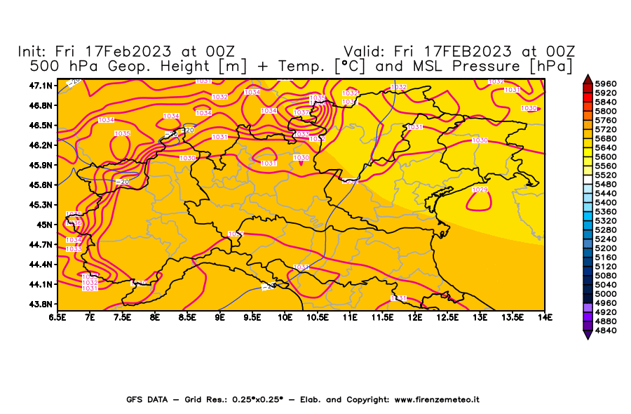 Mappa di analisi GFS - Geopotenziale [m] + Temp. [°C] a 500 hPa + Press. a livello del mare [hPa] in Nord-Italia
							del 17/02/2023 00 <!--googleoff: index-->UTC<!--googleon: index-->