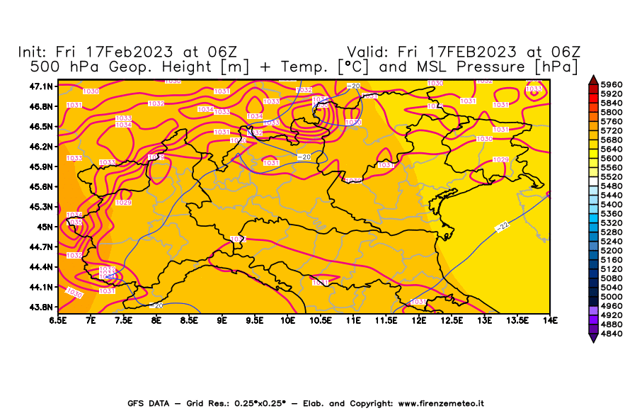 Mappa di analisi GFS - Geopotenziale [m] + Temp. [°C] a 500 hPa + Press. a livello del mare [hPa] in Nord-Italia
							del 17/02/2023 06 <!--googleoff: index-->UTC<!--googleon: index-->