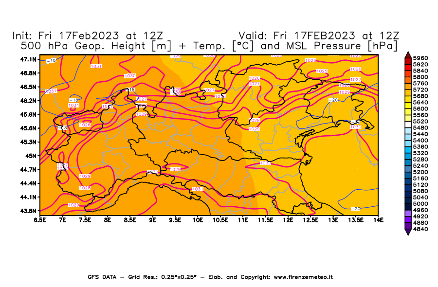 Mappa di analisi GFS - Geopotenziale [m] + Temp. [°C] a 500 hPa + Press. a livello del mare [hPa] in Nord-Italia
							del 17/02/2023 12 <!--googleoff: index-->UTC<!--googleon: index-->