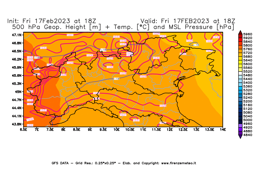 Mappa di analisi GFS - Geopotenziale [m] + Temp. [°C] a 500 hPa + Press. a livello del mare [hPa] in Nord-Italia
							del 17/02/2023 18 <!--googleoff: index-->UTC<!--googleon: index-->