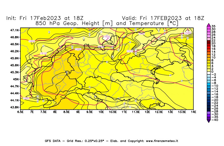 Mappa di analisi GFS - Geopotenziale [m] e Temperatura [°C] a 850 hPa in Nord-Italia
							del 17/02/2023 18 <!--googleoff: index-->UTC<!--googleon: index-->