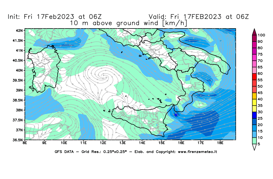 Mappa di analisi GFS - Velocità del vento a 10 metri dal suolo [km/h] in Sud-Italia
							del 17/02/2023 06 <!--googleoff: index-->UTC<!--googleon: index-->