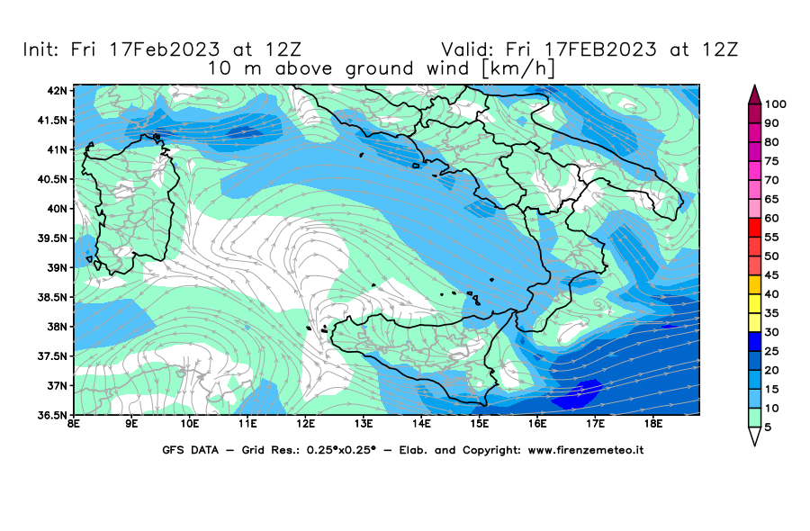 Mappa di analisi GFS - Velocità del vento a 10 metri dal suolo [km/h] in Sud-Italia
							del 17/02/2023 12 <!--googleoff: index-->UTC<!--googleon: index-->