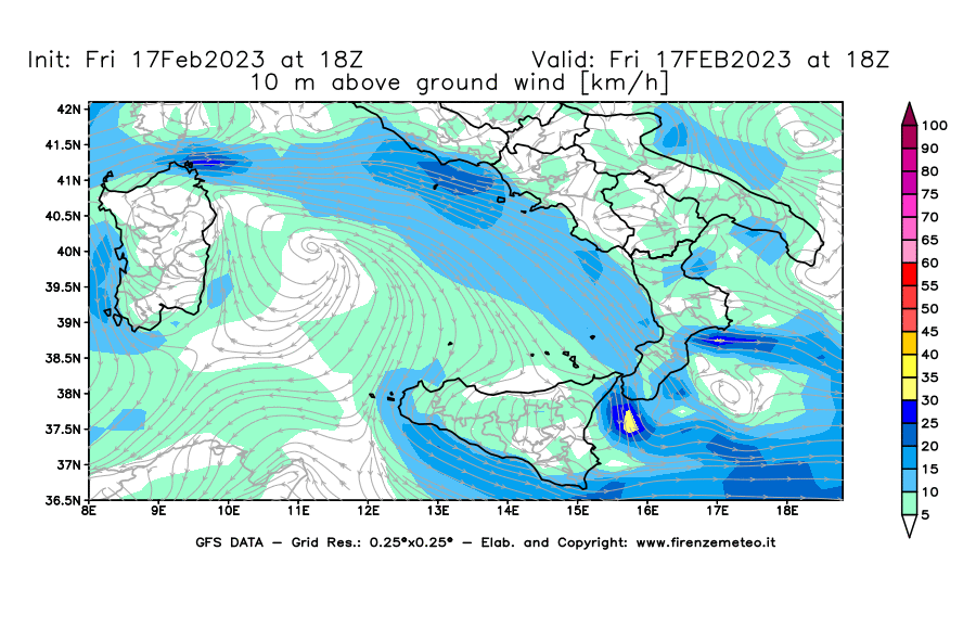 Mappa di analisi GFS - Velocità del vento a 10 metri dal suolo [km/h] in Sud-Italia
							del 17/02/2023 18 <!--googleoff: index-->UTC<!--googleon: index-->