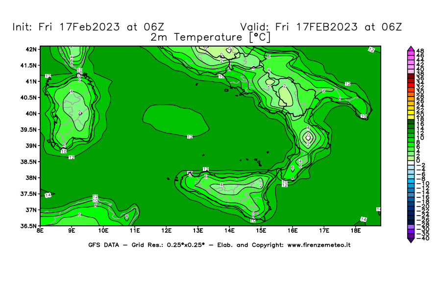 Mappa di analisi GFS - Temperatura a 2 metri dal suolo [°C] in Sud-Italia
							del 17/02/2023 06 <!--googleoff: index-->UTC<!--googleon: index-->