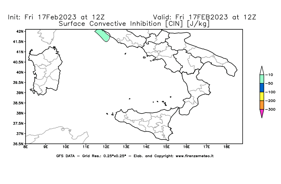 Mappa di analisi GFS - CIN [J/kg] in Sud-Italia
							del 17/02/2023 12 <!--googleoff: index-->UTC<!--googleon: index-->