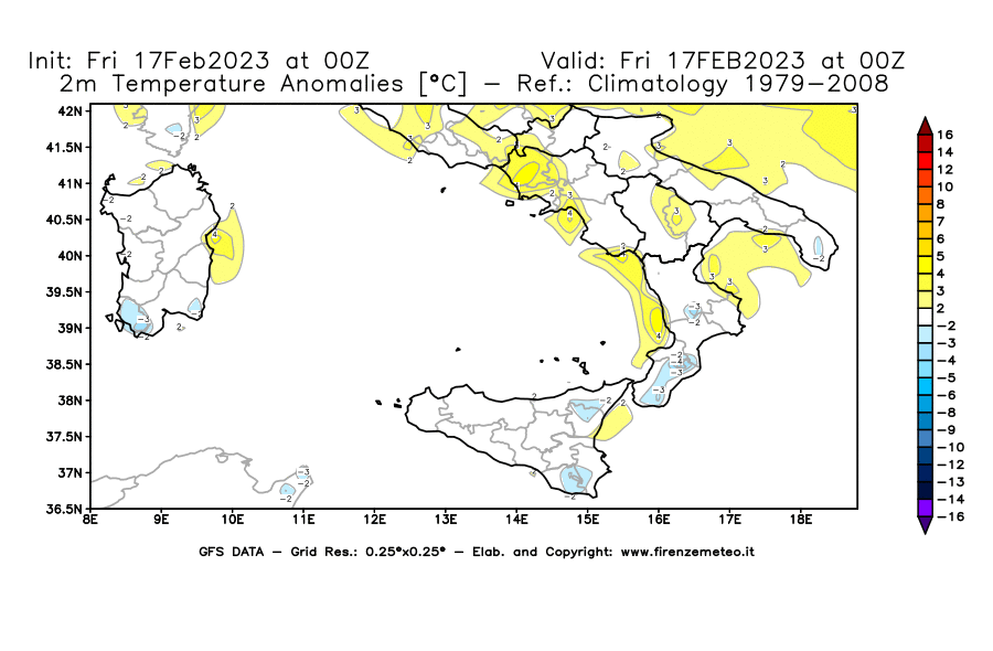 Mappa di analisi GFS - Anomalia Temperatura [°C] a 2 m in Sud-Italia
							del 17/02/2023 00 <!--googleoff: index-->UTC<!--googleon: index-->