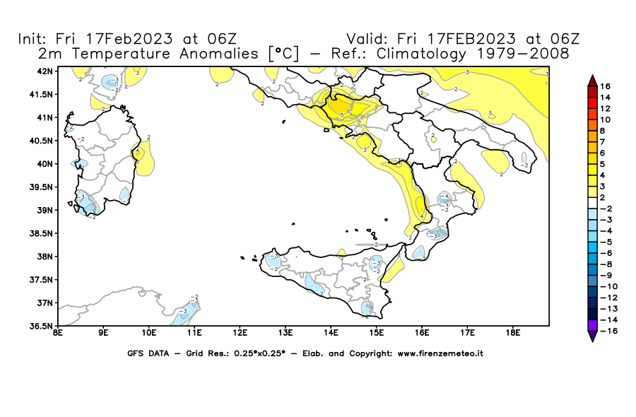 Mappa di analisi GFS - Anomalia Temperatura [°C] a 2 m in Sud-Italia
							del 17/02/2023 06 <!--googleoff: index-->UTC<!--googleon: index-->