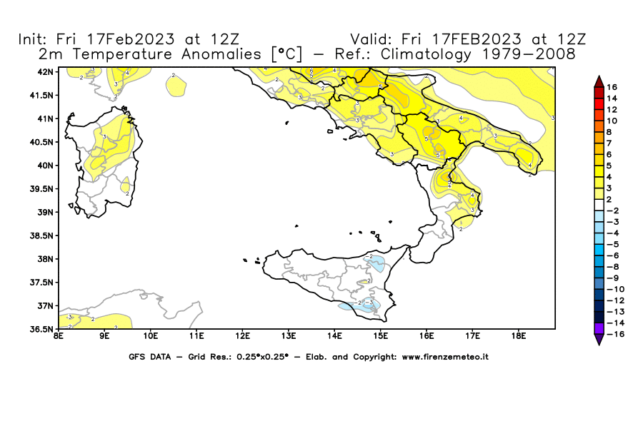 Mappa di analisi GFS - Anomalia Temperatura [°C] a 2 m in Sud-Italia
							del 17/02/2023 12 <!--googleoff: index-->UTC<!--googleon: index-->