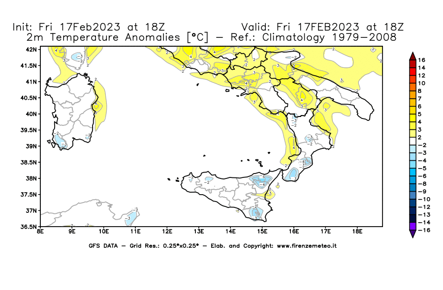 Mappa di analisi GFS - Anomalia Temperatura [°C] a 2 m in Sud-Italia
							del 17/02/2023 18 <!--googleoff: index-->UTC<!--googleon: index-->