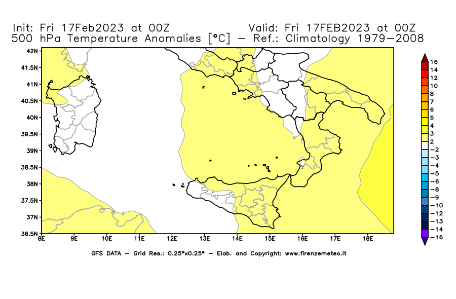 Mappa di analisi GFS - Anomalia Temperatura [°C] a 500 hPa in Sud-Italia
							del 17/02/2023 00 <!--googleoff: index-->UTC<!--googleon: index-->