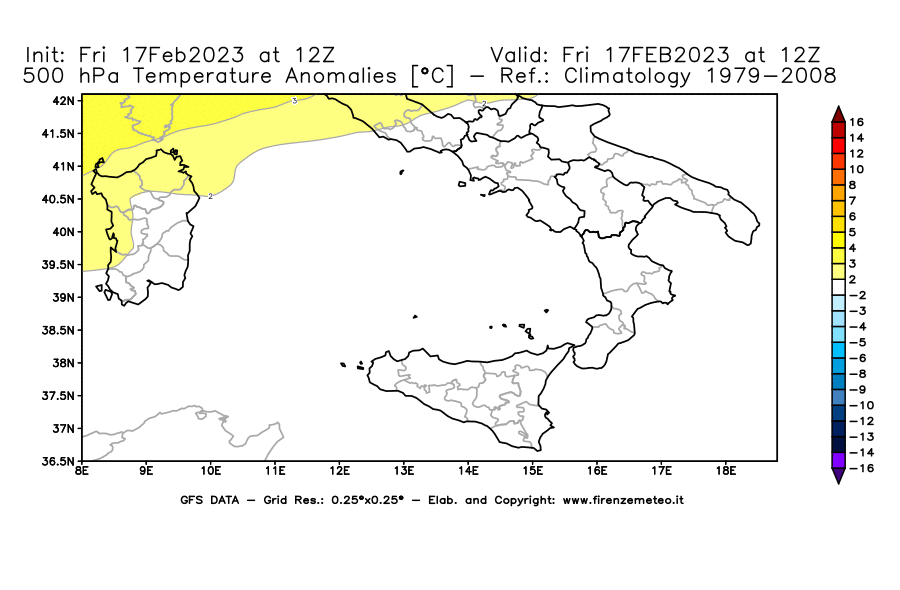 Mappa di analisi GFS - Anomalia Temperatura [°C] a 500 hPa in Sud-Italia
							del 17/02/2023 12 <!--googleoff: index-->UTC<!--googleon: index-->