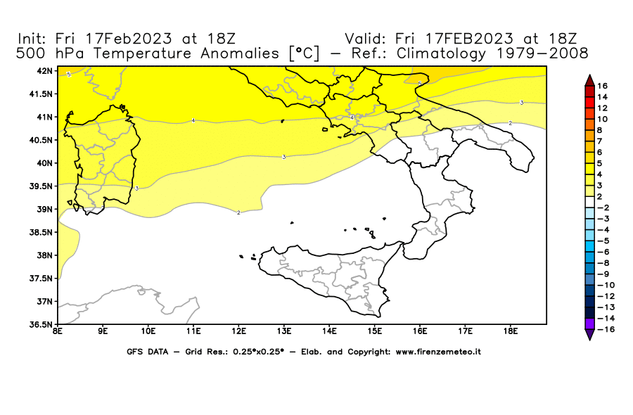 Mappa di analisi GFS - Anomalia Temperatura [°C] a 500 hPa in Sud-Italia
							del 17/02/2023 18 <!--googleoff: index-->UTC<!--googleon: index-->