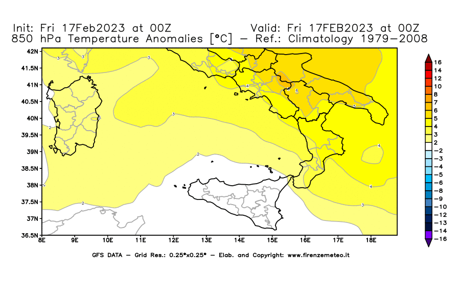 Mappa di analisi GFS - Anomalia Temperatura [°C] a 850 hPa in Sud-Italia
							del 17/02/2023 00 <!--googleoff: index-->UTC<!--googleon: index-->