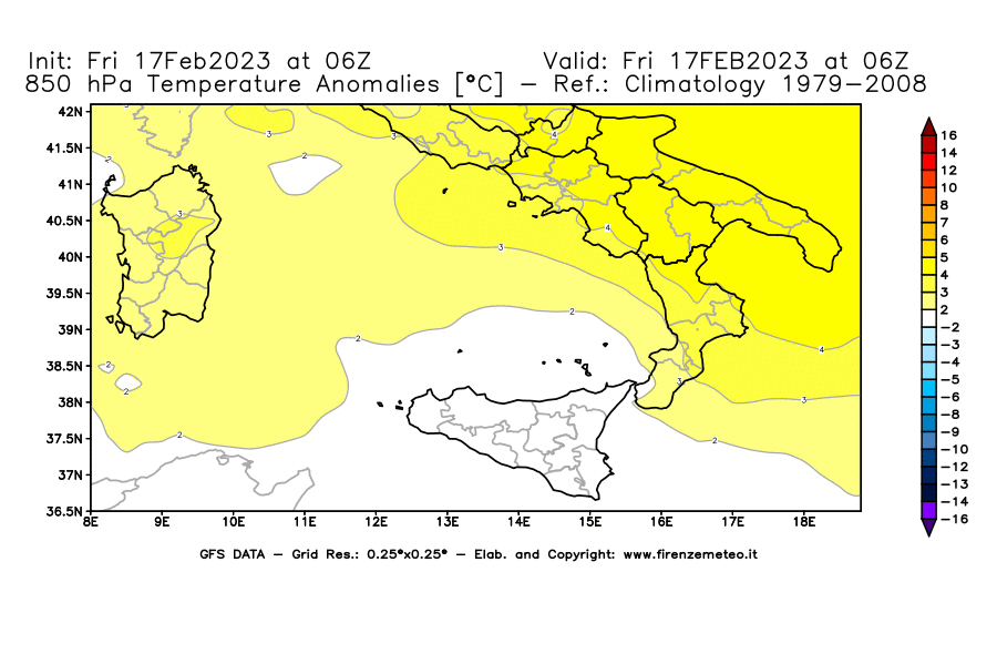 Mappa di analisi GFS - Anomalia Temperatura [°C] a 850 hPa in Sud-Italia
							del 17/02/2023 06 <!--googleoff: index-->UTC<!--googleon: index-->