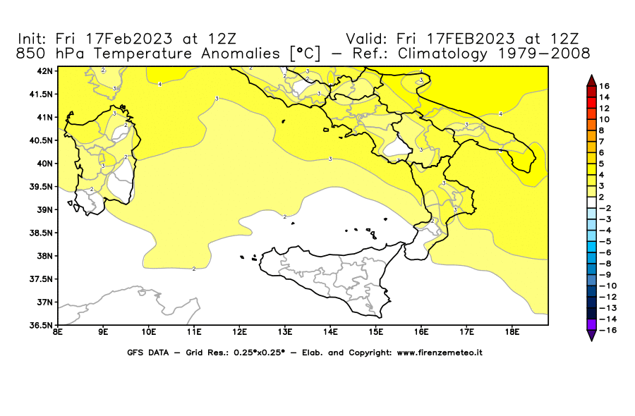 Mappa di analisi GFS - Anomalia Temperatura [°C] a 850 hPa in Sud-Italia
							del 17/02/2023 12 <!--googleoff: index-->UTC<!--googleon: index-->