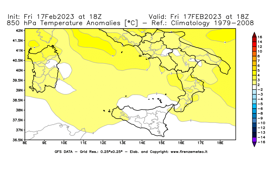 Mappa di analisi GFS - Anomalia Temperatura [°C] a 850 hPa in Sud-Italia
							del 17/02/2023 18 <!--googleoff: index-->UTC<!--googleon: index-->