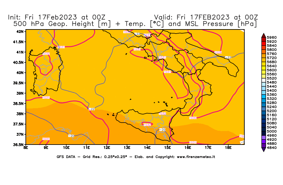 Mappa di analisi GFS - Geopotenziale [m] + Temp. [°C] a 500 hPa + Press. a livello del mare [hPa] in Sud-Italia
							del 17/02/2023 00 <!--googleoff: index-->UTC<!--googleon: index-->