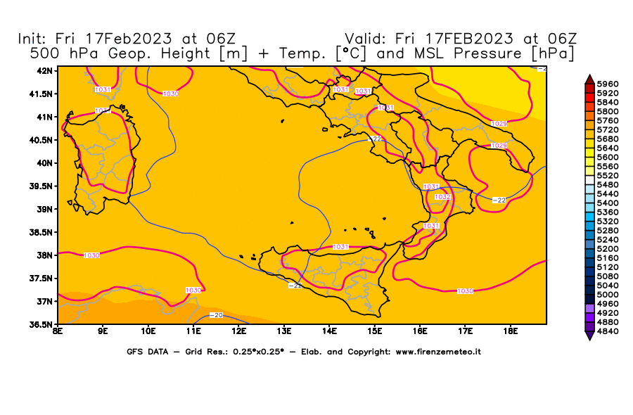 Mappa di analisi GFS - Geopotenziale [m] + Temp. [°C] a 500 hPa + Press. a livello del mare [hPa] in Sud-Italia
							del 17/02/2023 06 <!--googleoff: index-->UTC<!--googleon: index-->
