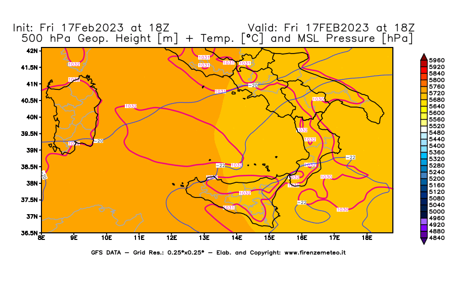 Mappa di analisi GFS - Geopotenziale [m] + Temp. [°C] a 500 hPa + Press. a livello del mare [hPa] in Sud-Italia
							del 17/02/2023 18 <!--googleoff: index-->UTC<!--googleon: index-->