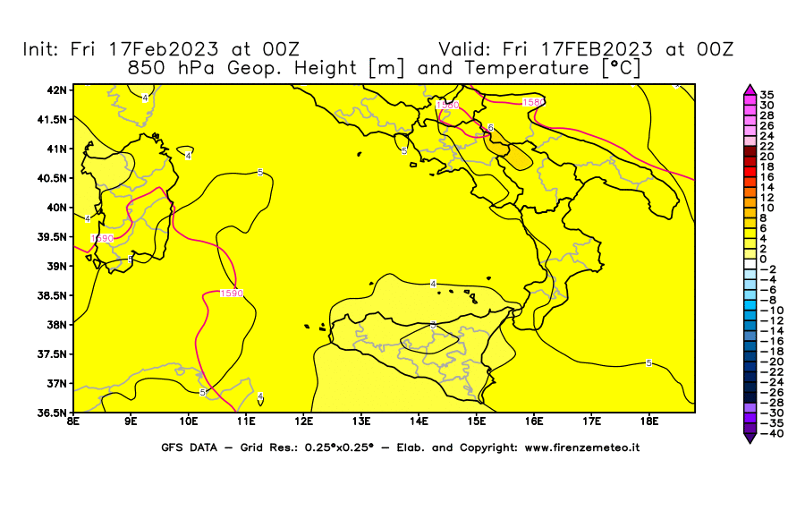Mappa di analisi GFS - Geopotenziale [m] e Temperatura [°C] a 850 hPa in Sud-Italia
							del 17/02/2023 00 <!--googleoff: index-->UTC<!--googleon: index-->