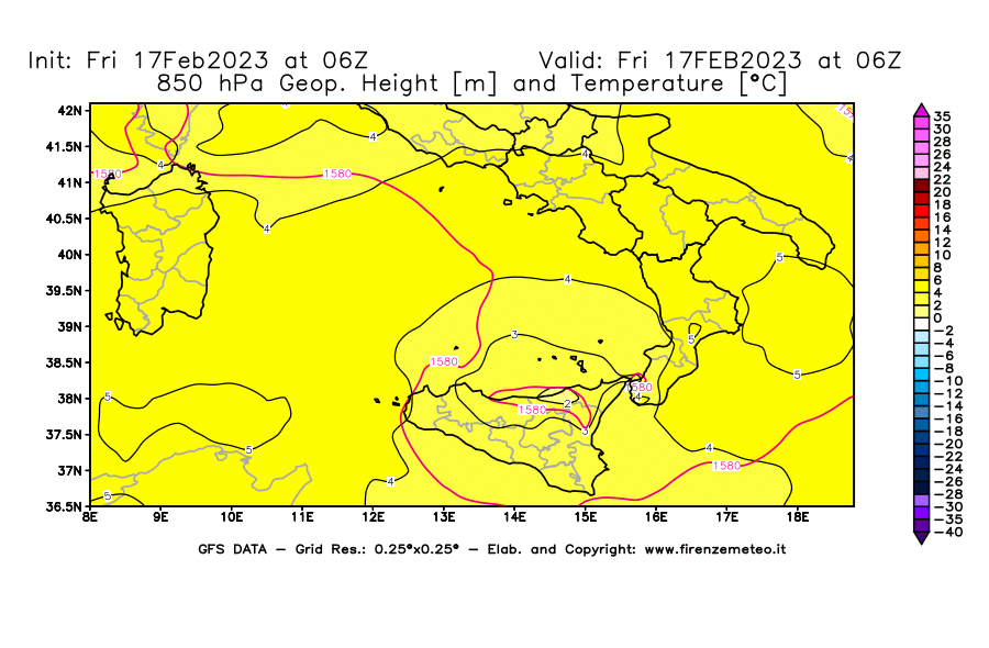 Mappa di analisi GFS - Geopotenziale [m] e Temperatura [°C] a 850 hPa in Sud-Italia
							del 17/02/2023 06 <!--googleoff: index-->UTC<!--googleon: index-->