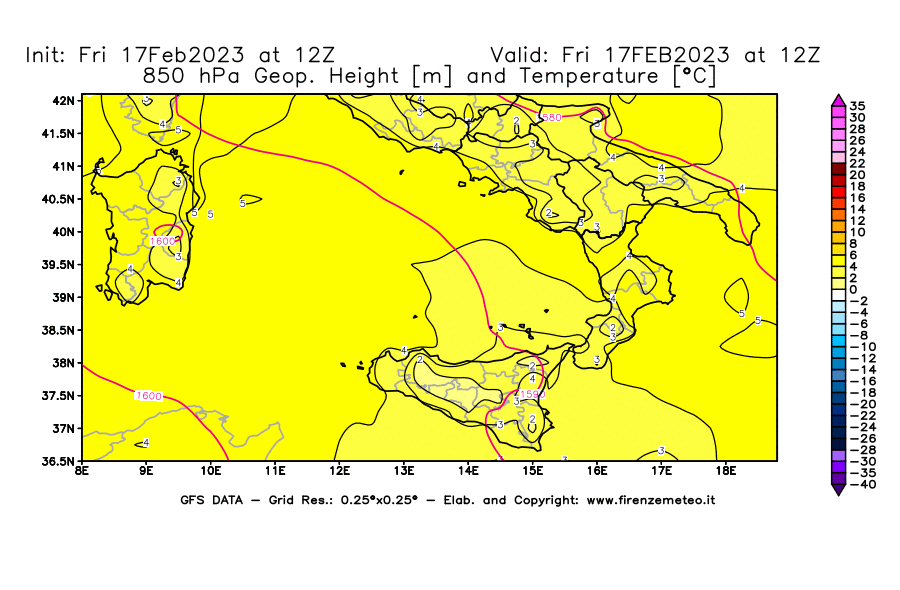 Mappa di analisi GFS - Geopotenziale [m] e Temperatura [°C] a 850 hPa in Sud-Italia
							del 17/02/2023 12 <!--googleoff: index-->UTC<!--googleon: index-->