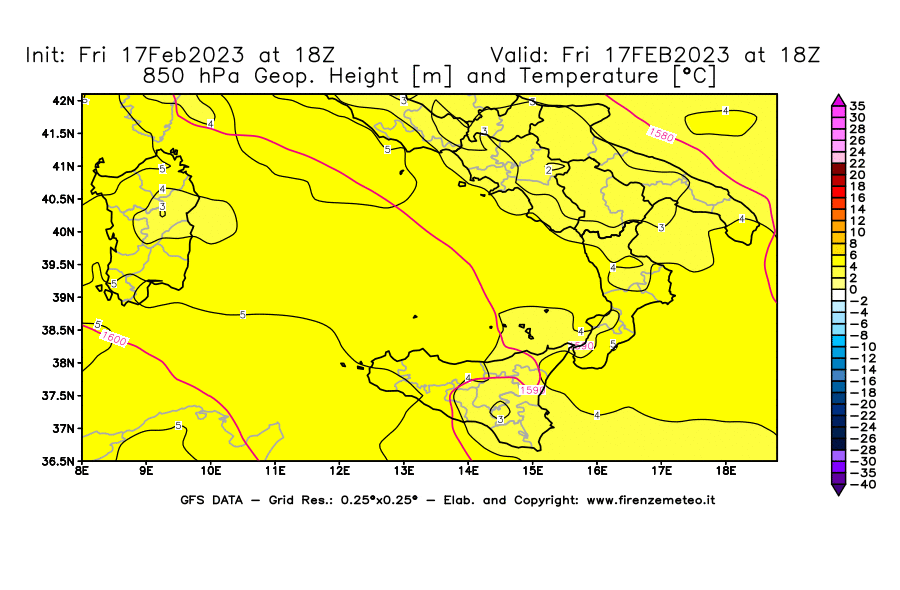 Mappa di analisi GFS - Geopotenziale [m] e Temperatura [°C] a 850 hPa in Sud-Italia
							del 17/02/2023 18 <!--googleoff: index-->UTC<!--googleon: index-->
