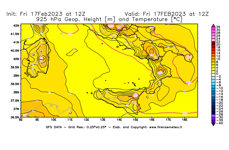 Mappa di analisi GFS - Geopotenziale [m] e Temperatura [°C] a 925 hPa in Sud-Italia
							del 17/02/2023 12 <!--googleoff: index-->UTC<!--googleon: index-->