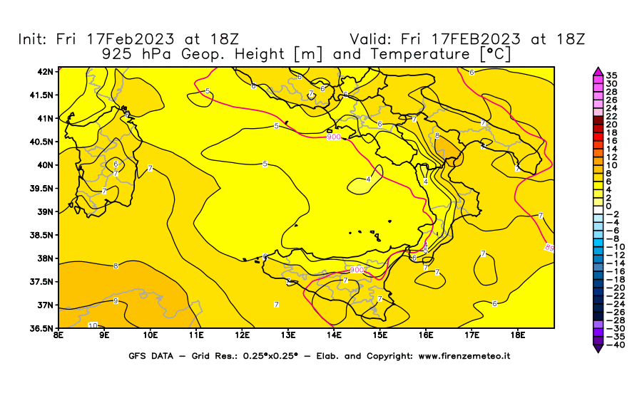 Mappa di analisi GFS - Geopotenziale [m] e Temperatura [°C] a 925 hPa in Sud-Italia
							del 17/02/2023 18 <!--googleoff: index-->UTC<!--googleon: index-->