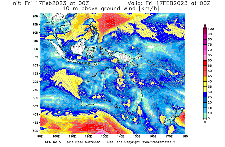 Mappa di analisi GFS - Velocità del vento a 10 metri dal suolo [km/h] in Oceania
							del 17/02/2023 00 <!--googleoff: index-->UTC<!--googleon: index-->