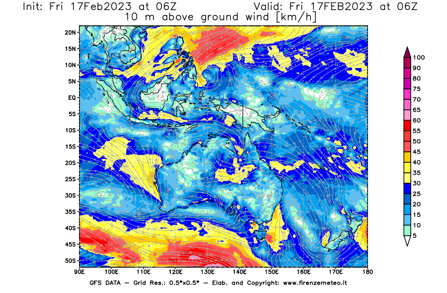 Mappa di analisi GFS - Velocità del vento a 10 metri dal suolo [km/h] in Oceania
							del 17/02/2023 06 <!--googleoff: index-->UTC<!--googleon: index-->