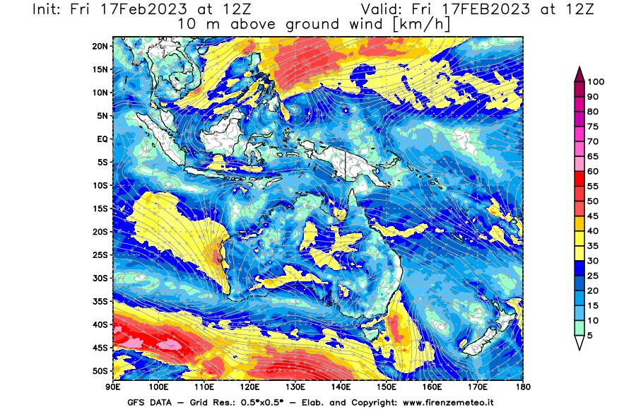 Mappa di analisi GFS - Velocità del vento a 10 metri dal suolo [km/h] in Oceania
							del 17/02/2023 12 <!--googleoff: index-->UTC<!--googleon: index-->