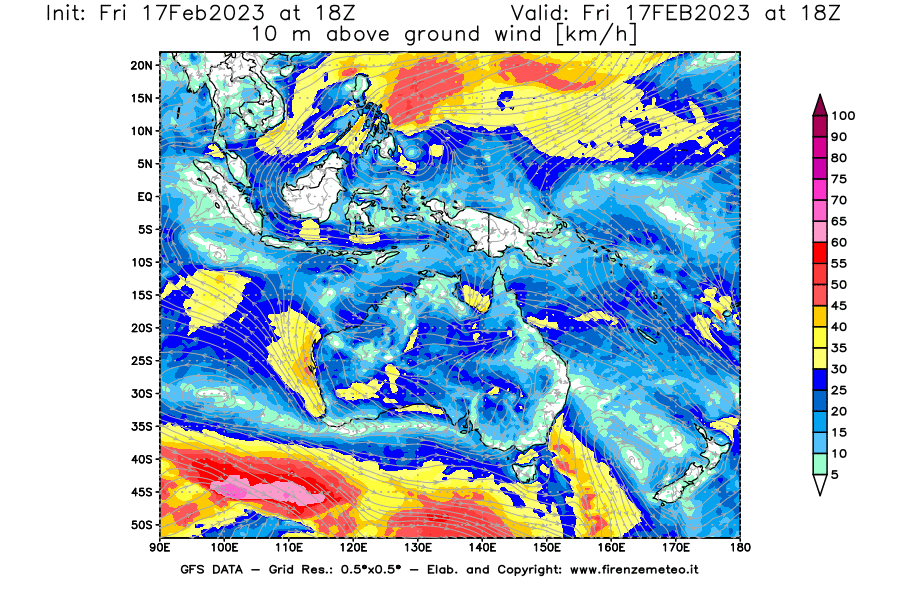 Mappa di analisi GFS - Velocità del vento a 10 metri dal suolo [km/h] in Oceania
							del 17/02/2023 18 <!--googleoff: index-->UTC<!--googleon: index-->