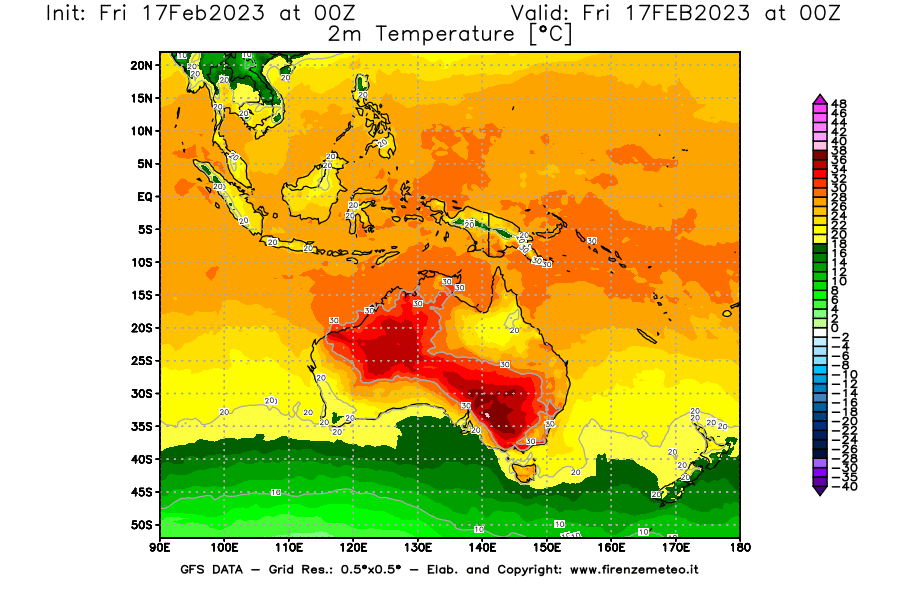 Mappa di analisi GFS - Temperatura a 2 metri dal suolo [°C] in Oceania
							del 17/02/2023 00 <!--googleoff: index-->UTC<!--googleon: index-->