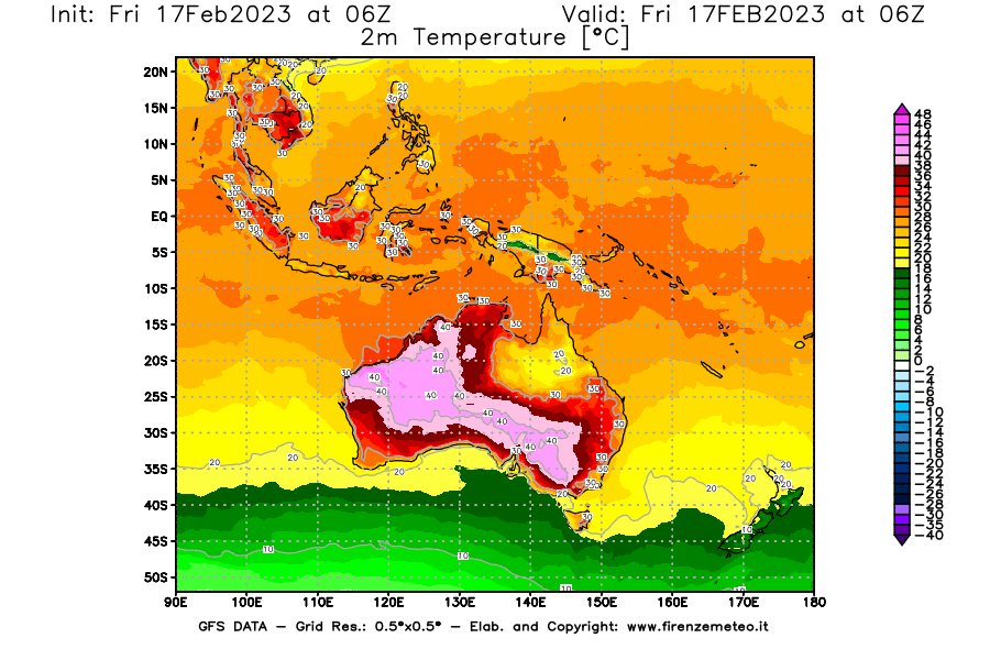 Mappa di analisi GFS - Temperatura a 2 metri dal suolo [°C] in Oceania
							del 17/02/2023 06 <!--googleoff: index-->UTC<!--googleon: index-->