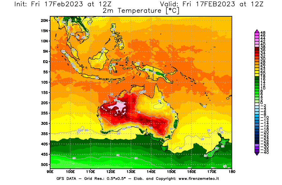 Mappa di analisi GFS - Temperatura a 2 metri dal suolo [°C] in Oceania
							del 17/02/2023 12 <!--googleoff: index-->UTC<!--googleon: index-->